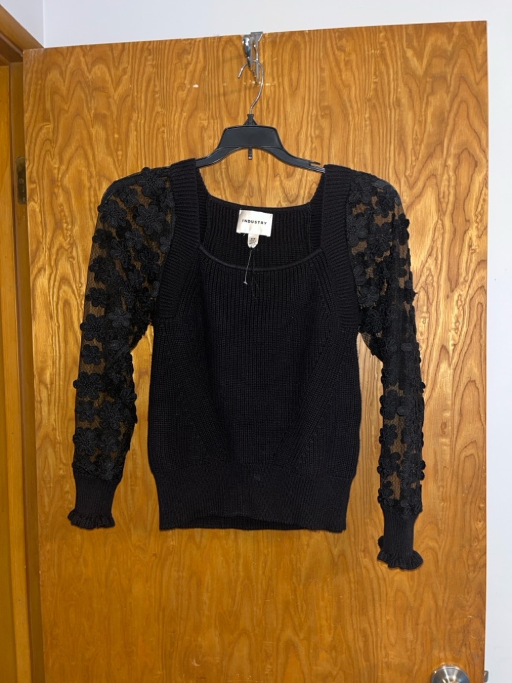 Black Crewneck Sweater with Floral Appliqué Sheer Sleeves - Unknown Brand
